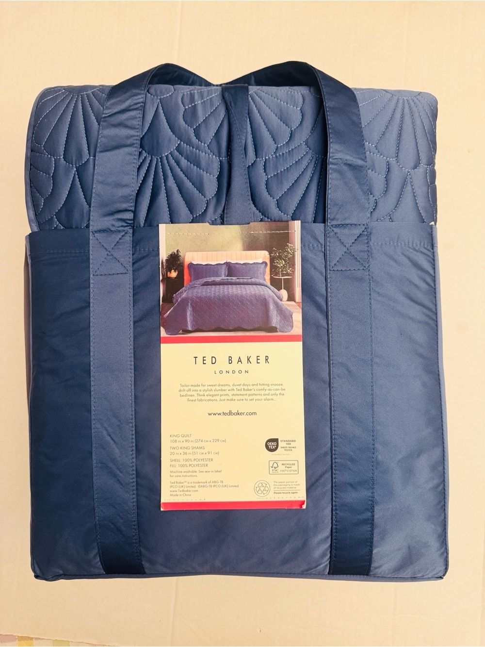 3pc TED BAKER Deco Shell Sapphire Blue Quilt Set-Scalloped Edges- King- 108"x90" - Picture 3 of 8